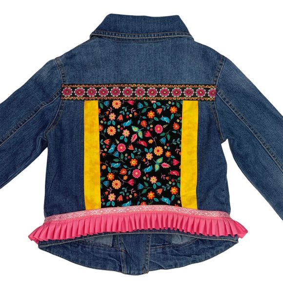 Route 66 Denim Jacket Jean Floral Blue Black Pink Ruffle Metallic Boho Large - Picture 13 of 16